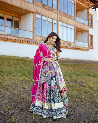 Navratri special lehenga choli Multicolor cotton print real mirror work navratri gujarati garba lehenga chaniya choli