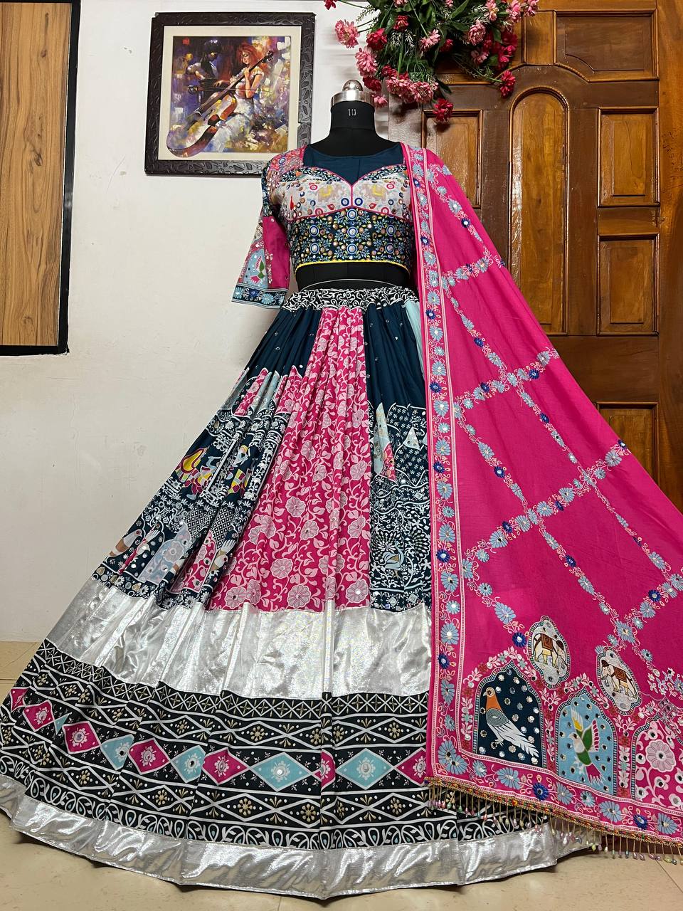 Navratri special lehenga choli Multicolor cotton print real mirror work navratri gujarati garba lehenga chaniya choli