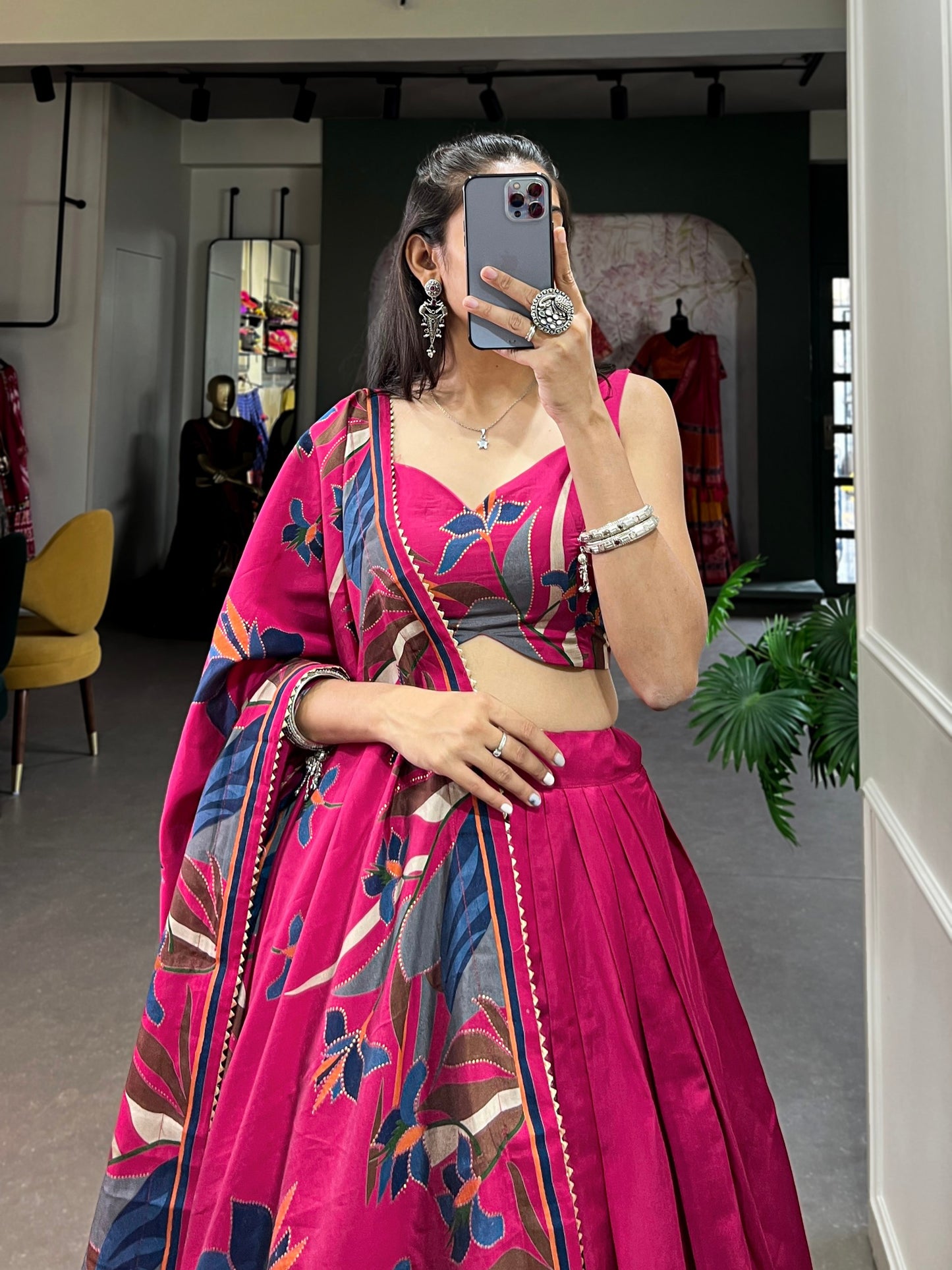 Pink Polyester Viscose Chanderi Floral Print With Foil Work Lehenga,Langa Voni with Blouse