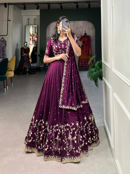 Purple Color Vichitra Silk Thread Embroidery Wedding Special Lehenga Choli