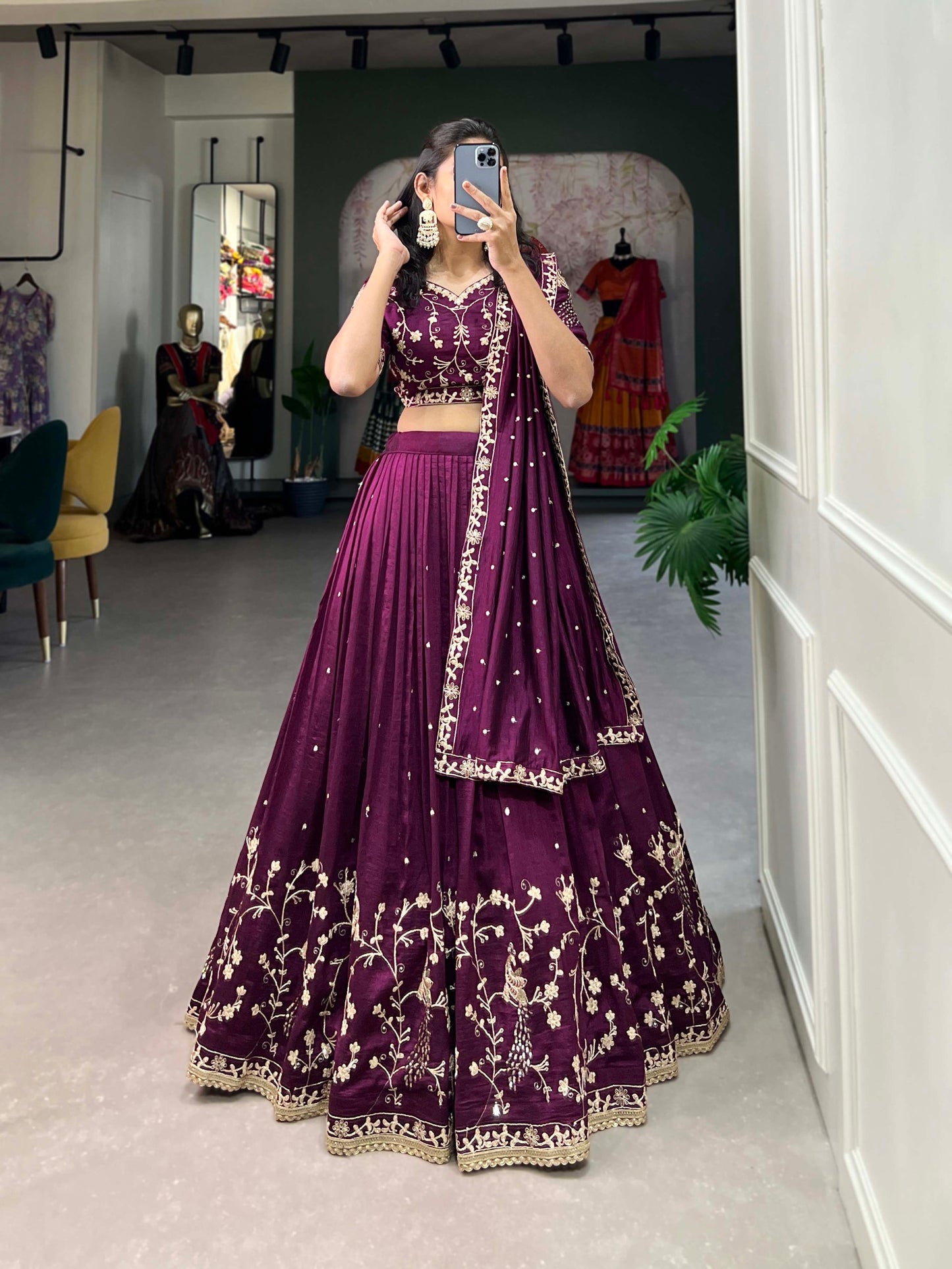 Purple Color Vichitra Silk Thread Embroidery Wedding Special Lehenga Choli