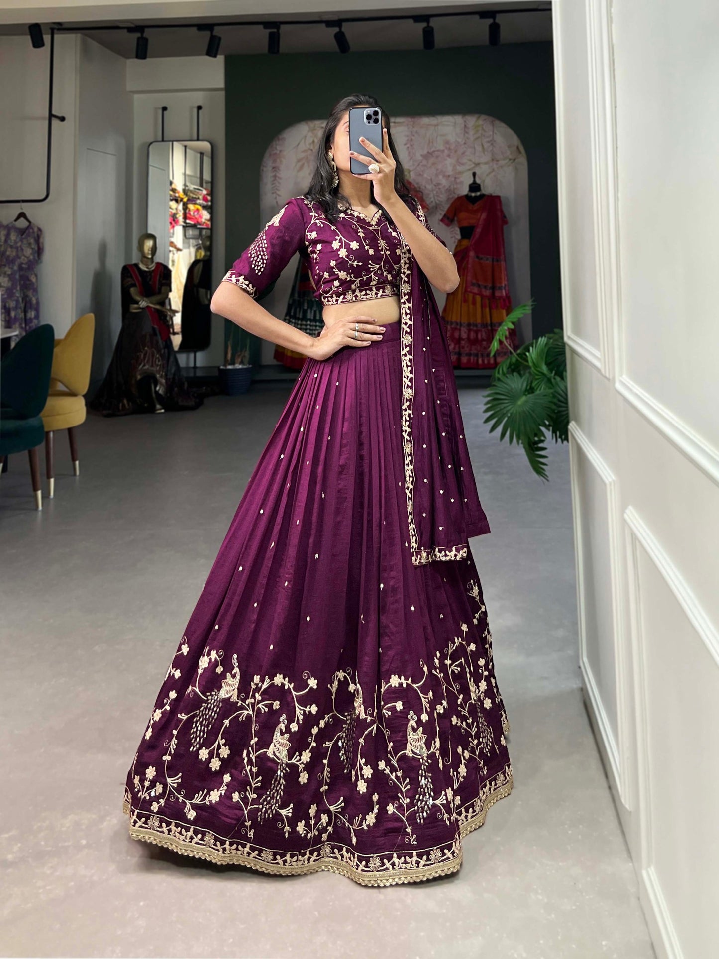 Purple Color Vichitra Silk Thread Embroidery Wedding Special Lehenga Choli