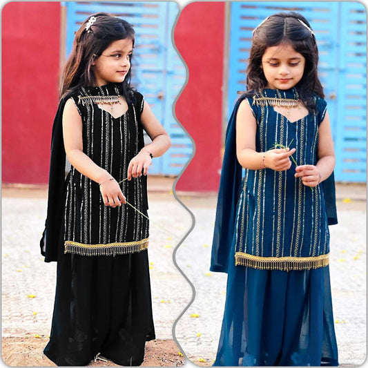 3 YEAR TO 15 YEAR GIRLS KIDS WEAR SUIT INDIAN DRESSES EMBROIDERY SIQUNCE WORK TOP WITH SARARA AND DUPATTA