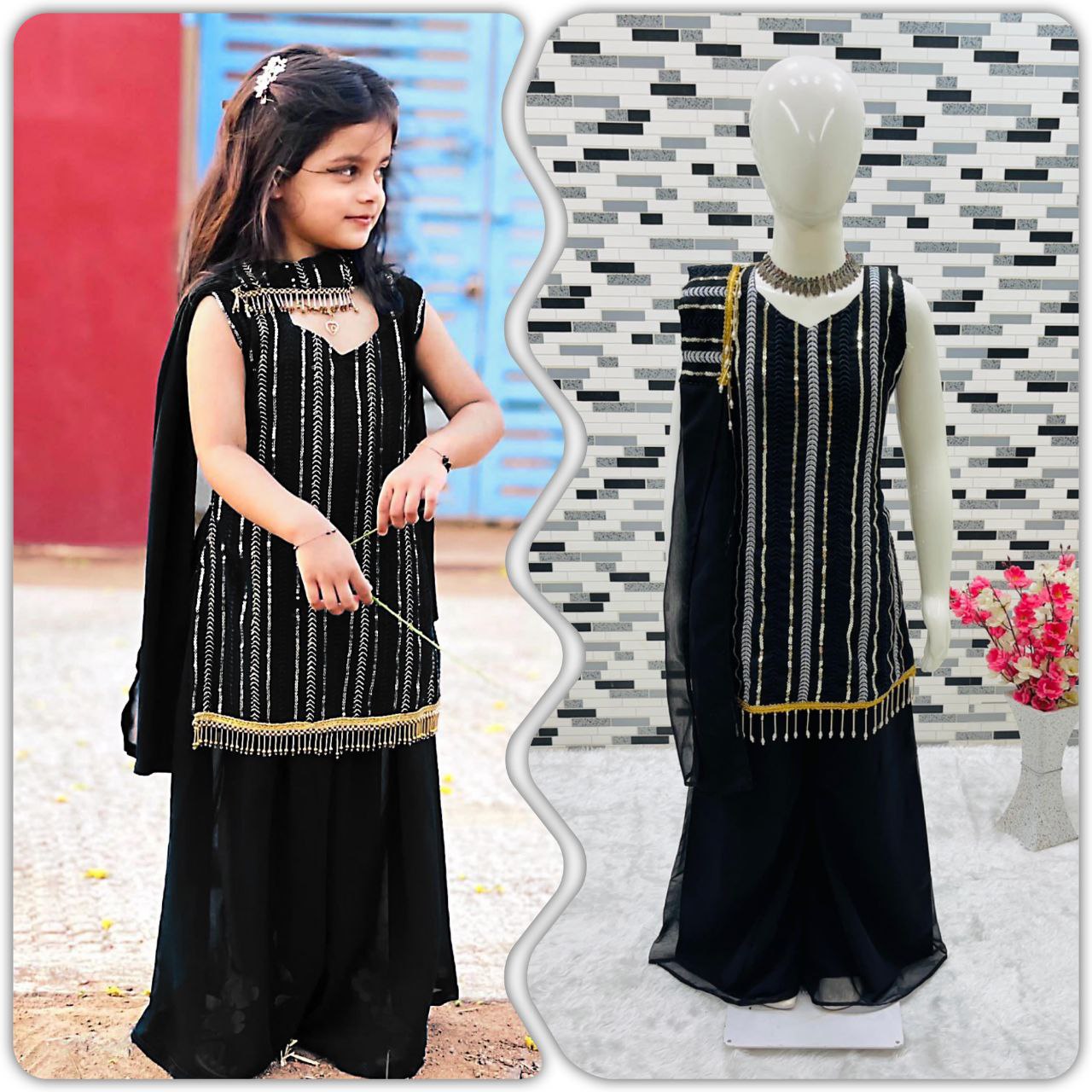 3 YEAR TO 15 YEAR GIRLS KIDS WEAR SUIT INDIAN DRESSES EMBROIDERY SIQUNCE WORK TOP WITH SARARA AND DUPATTA