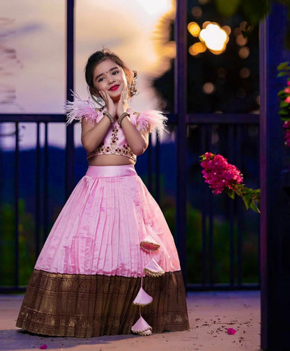 Baby Pink Kids Lehenga Choli in Kota Silk With Embroidery Sequence Kids Wear