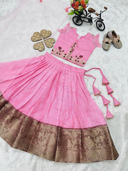 Baby Pink Kids Lehenga Choli in Kota Silk With Embroidery Sequence Kids Wear