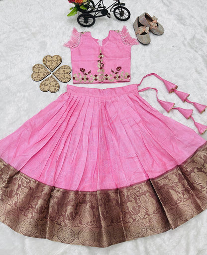 Baby Pink Kids Lehenga Choli in Kota Silk With Embroidery Sequence Kids Wear