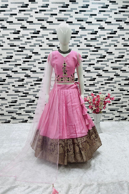 Baby Pink Kids Lehenga Choli in Kota Silk With Embroidery Sequence Kids Wear