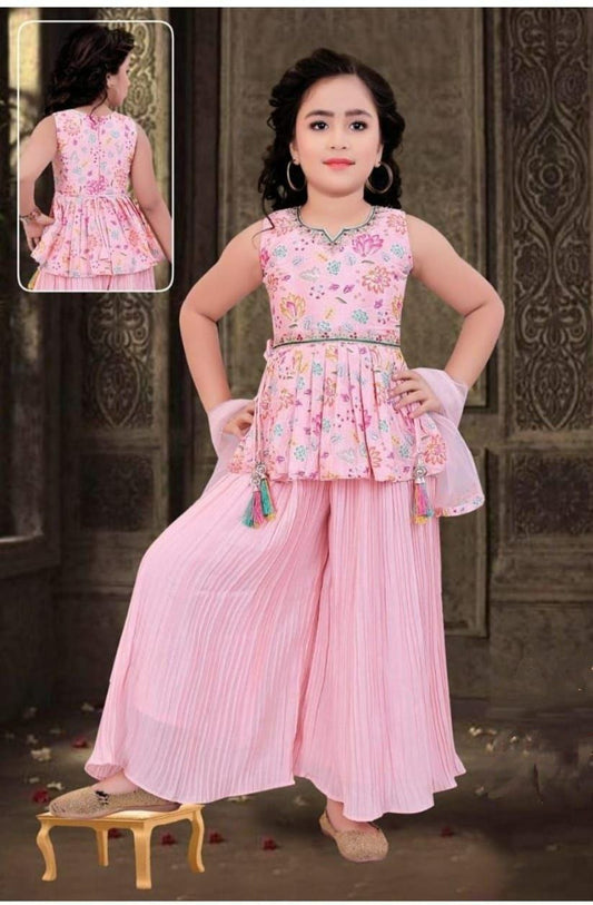 KIDS WEAR GIRLS WEAR TRENDING DIGITAL PRINT WITH FANCY LESS N BEAUTIFUL STITCHED TOP PALAZZO WITH DUPATTA