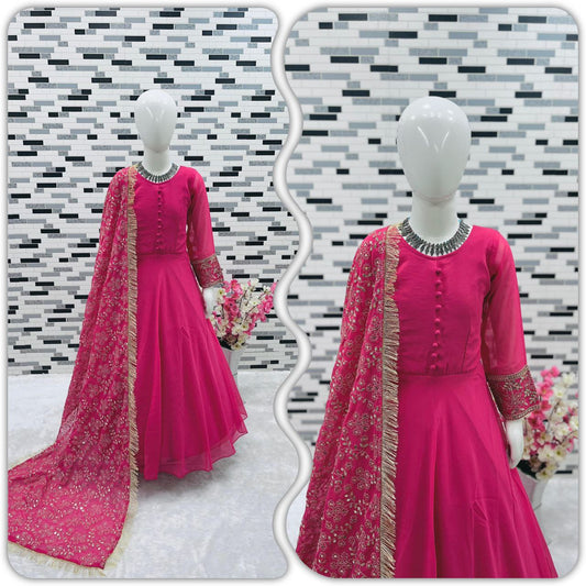 Pink Color Kids Gown in Georgette Fabric and Heavy Embroidery Dupatta