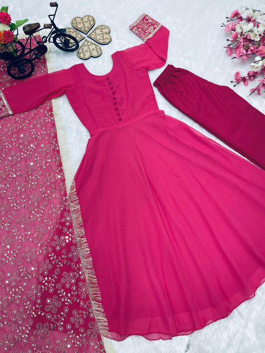 Pink Color Kids Gown in Georgette Fabric and Heavy Embroidery Dupatta