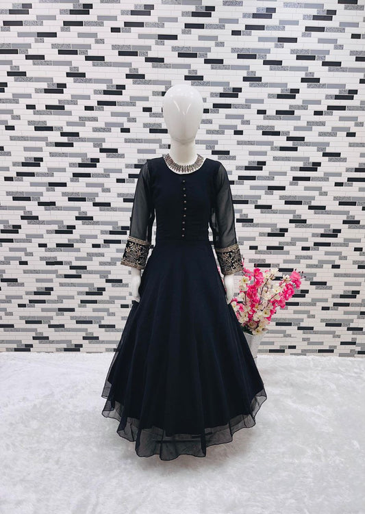 Black Color Kids Gown in Georgette Fabric and Heavy Embroidery Dupatta