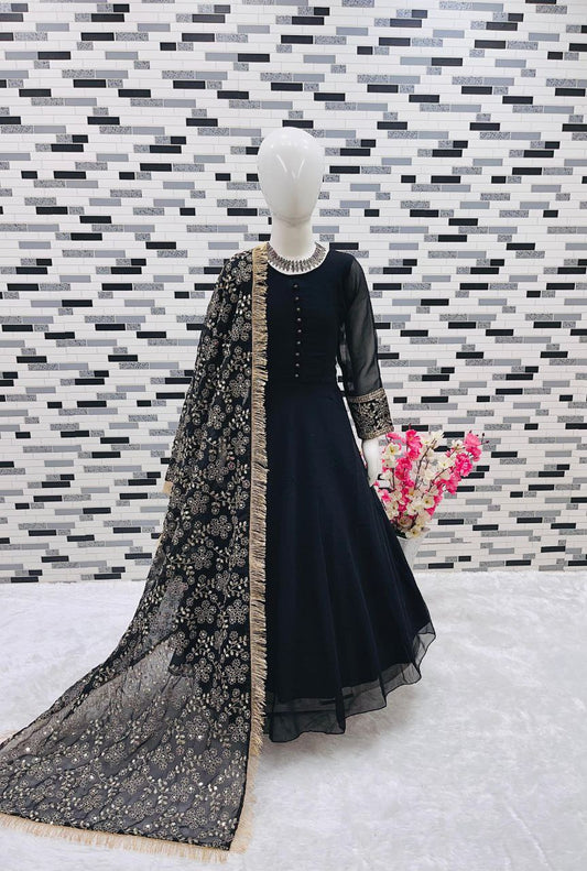 Black Color Kids Gown in Georgette Fabric and Heavy Embroidery Dupatta