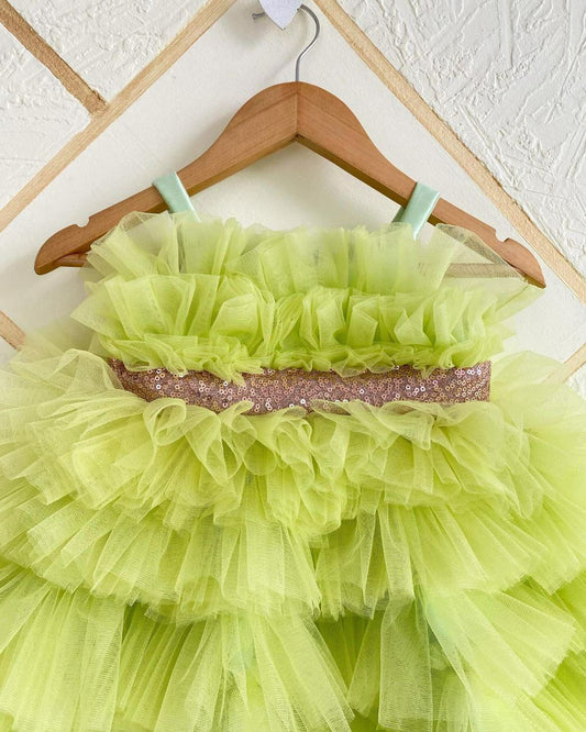 Light Green Net Frill Baby Frock with Sequin Belt and Bow