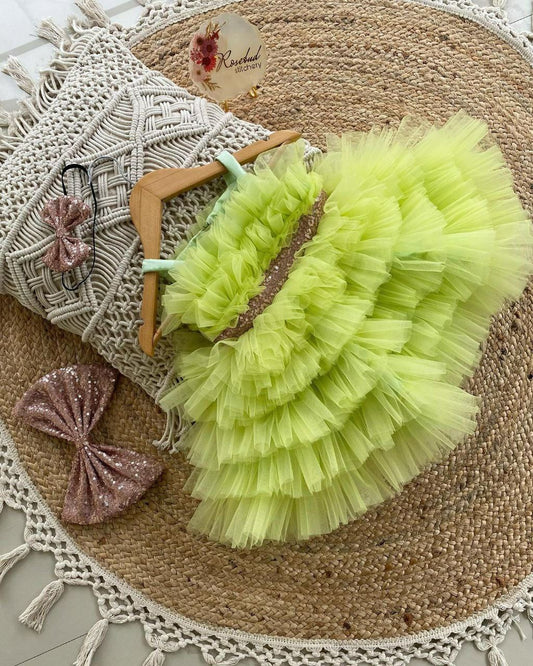 Light Green Net Frill Baby Frock with Sequin Belt and Bow