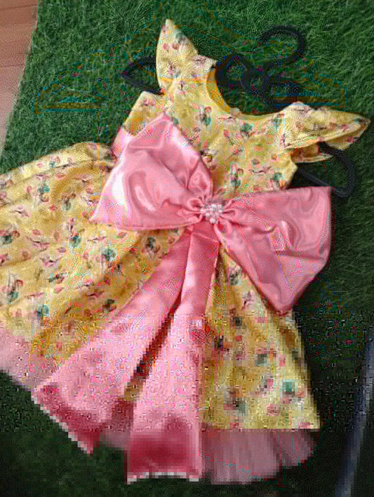 Yellow Printed Jacquard Baby Frock with Pink Bow and Belt