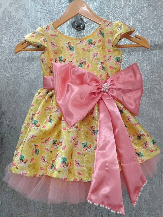 Yellow Printed Jacquard Baby Frock with Pink Bow and Belt