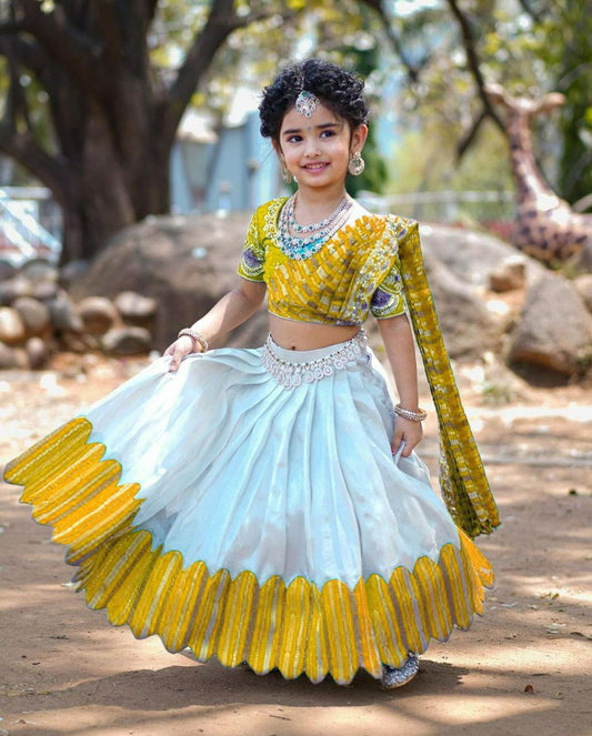 Kids Lehenga for Wedding Wear in Yellow Color Chinon With Embroidery