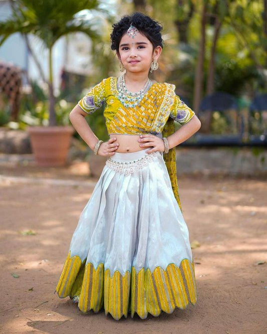 Kids Lehenga for Wedding Wear in Yellow Color Chinon With Embroidery