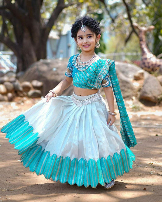 Kids Lehenga for Wedding Wear in Sky Color Chinon With Embroidery