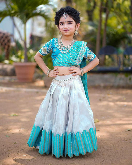 Kids Lehenga for Wedding Wear in Sky Color Chinon With Embroidery