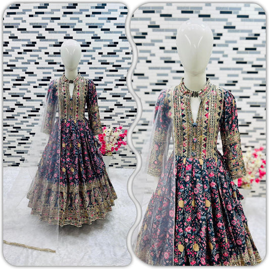 Black Kids Gown With Digital Print and Embroidery Work in Chinon With Dupatta