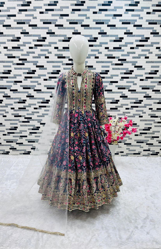 Black Kids Gown With Digital Print and Embroidery Work in Chinon With Dupatta