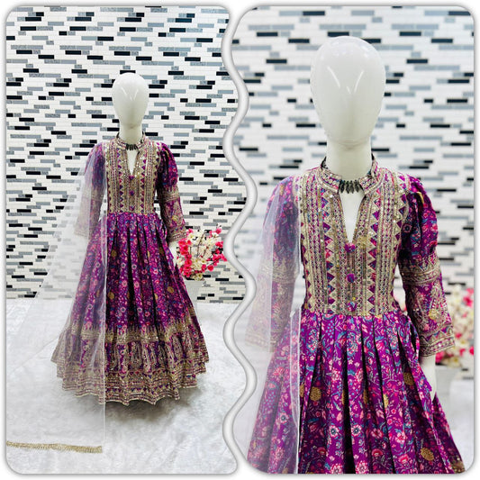 Purple Kids Gown With Digital Print and Embroidery Work in Chinon With Dupatta