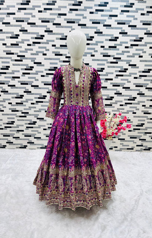 Purple Kids Gown With Digital Print and Embroidery Work in Chinon With Dupatta