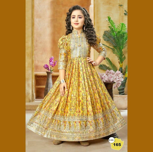 Yellow Kids Gown With Digital Print and Embroidery Work in Chinon With Dupatta