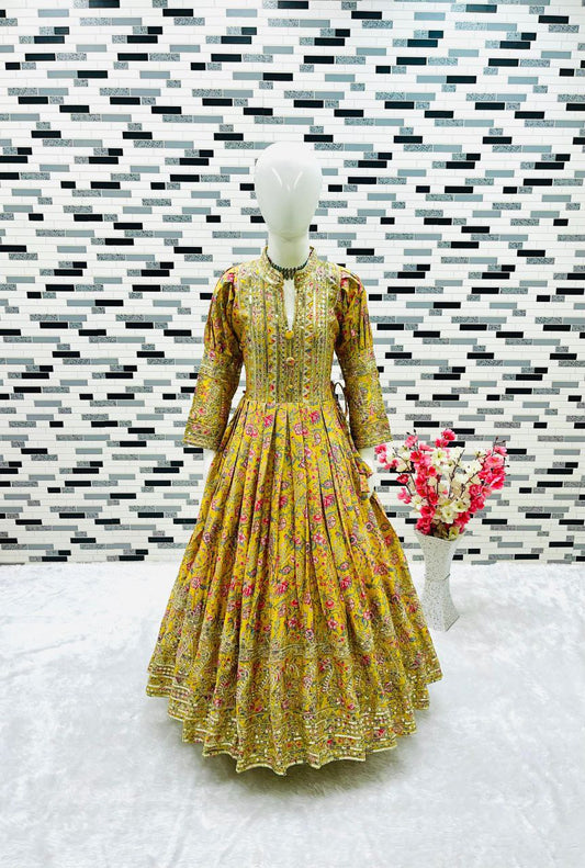 Yellow Kids Gown With Digital Print and Embroidery Work in Chinon With Dupatta