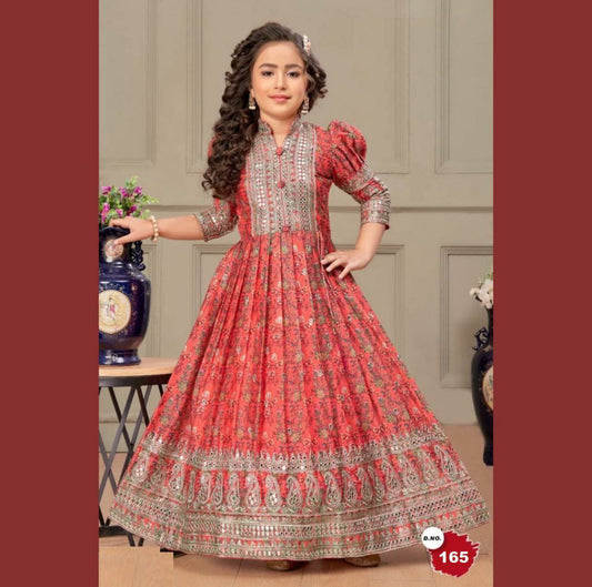 Pink Kids Gown With Digital Print and Embroidery Work in Chinon With Dupatta