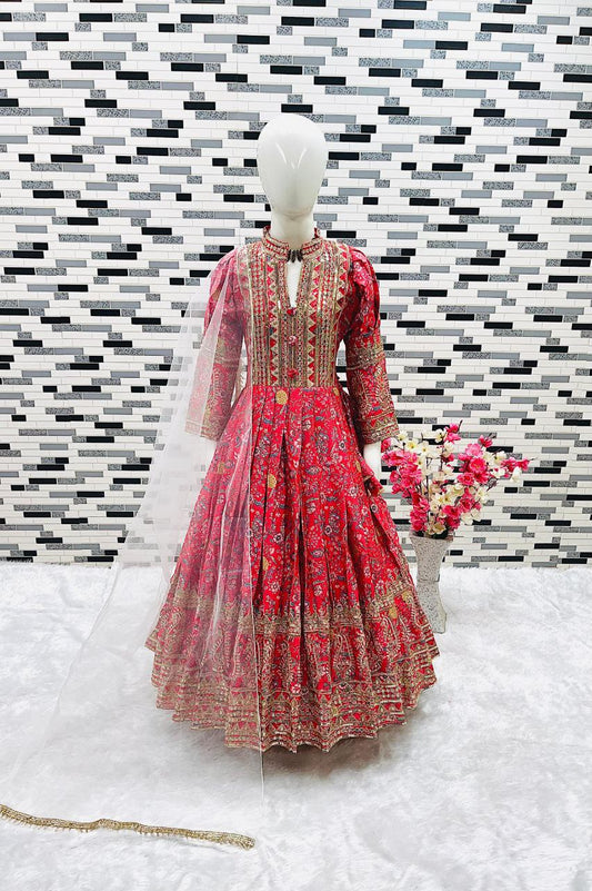 Pink Kids Gown With Digital Print and Embroidery Work in Chinon With Dupatta