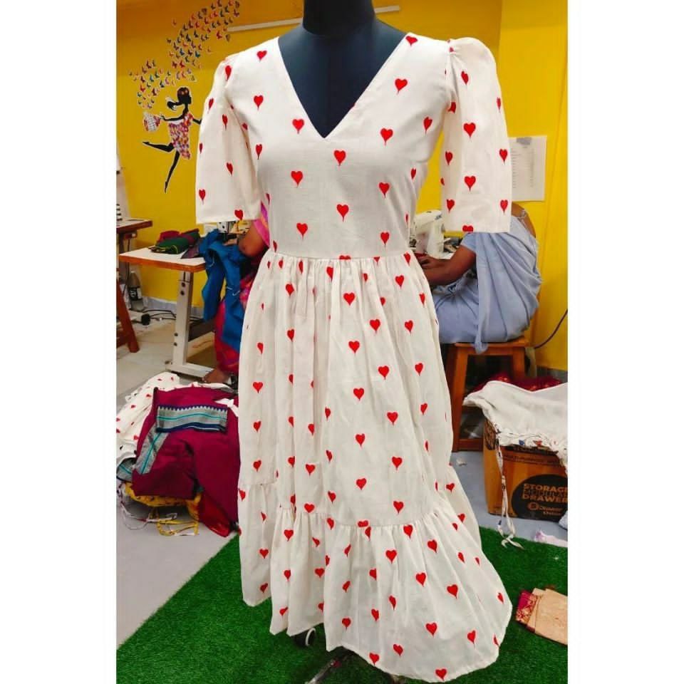 special Customised Cotton with heart ❤️ embroidery dresses Long frocks, kids frocks, mom and daughter