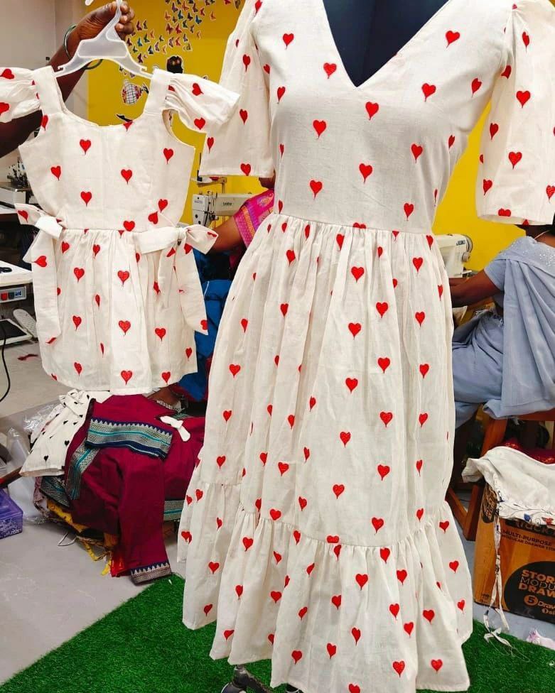 special Customised Cotton with heart ❤️ embroidery dresses Long frocks, kids frocks, mom and daughter