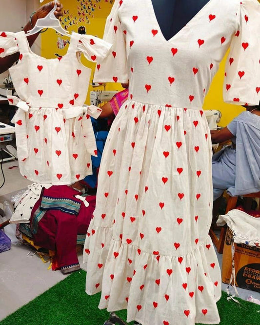 special Customised Cotton with heart ❤️ embroidery dresses Long frocks, kids frocks, mom and daughter