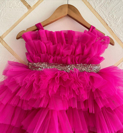 Deep Pink Baby Frock with Net Frills and Sequins Belt