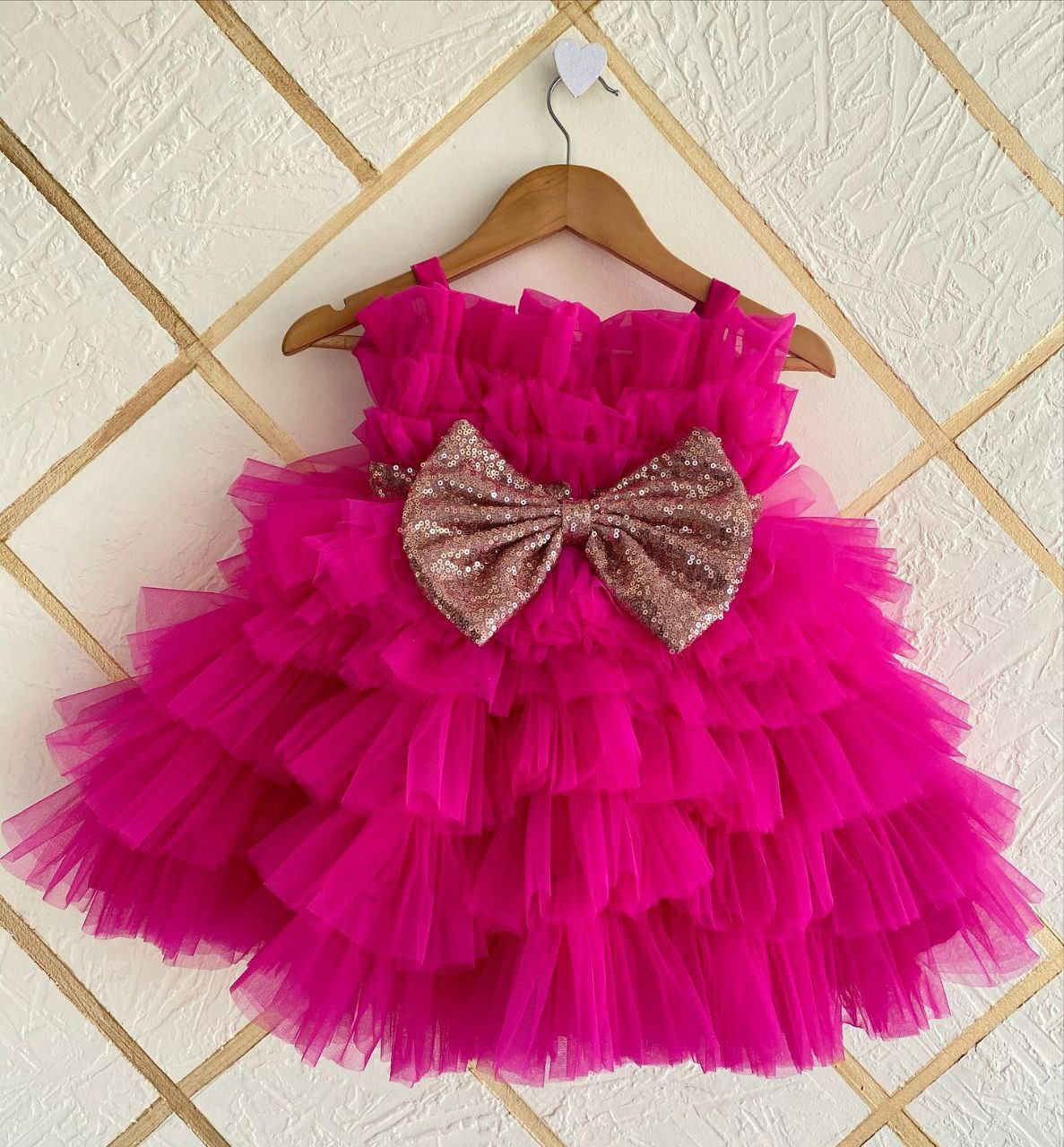 Deep Pink Baby Frock with Net Frills and Sequins Belt