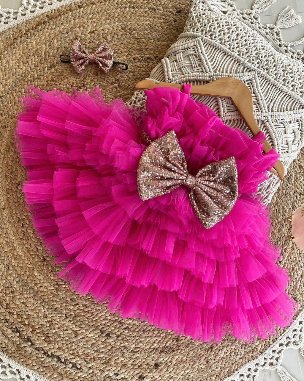 Deep Pink Baby Frock with Net Frills and Sequins Belt