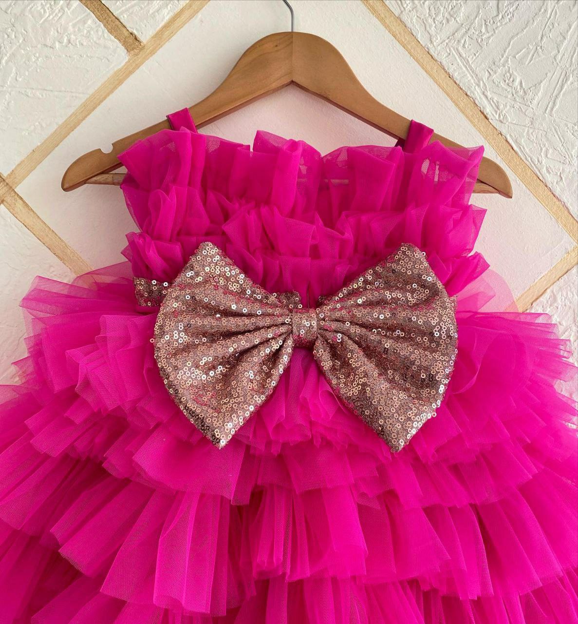 Deep Pink Baby Frock with Net Frills and Sequins Belt