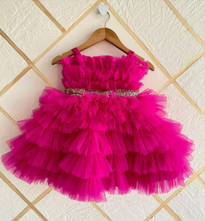 Deep Pink Baby Frock with Net Frills and Sequins Belt