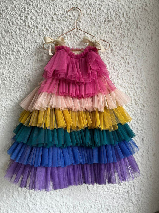 Plain Silk Baby Frocks bright rainbow ruffle dress