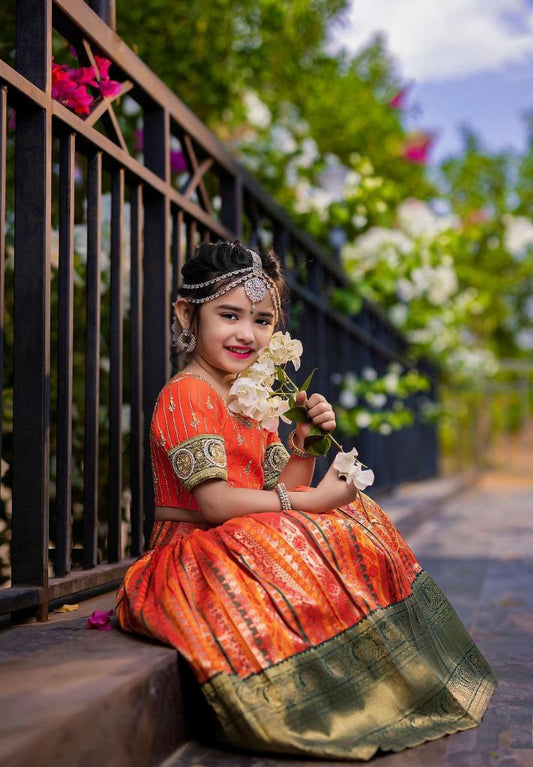 Gorgeous Orange Pure Kota Silk Print with Zari Woven Kids Lehenga Choli Set