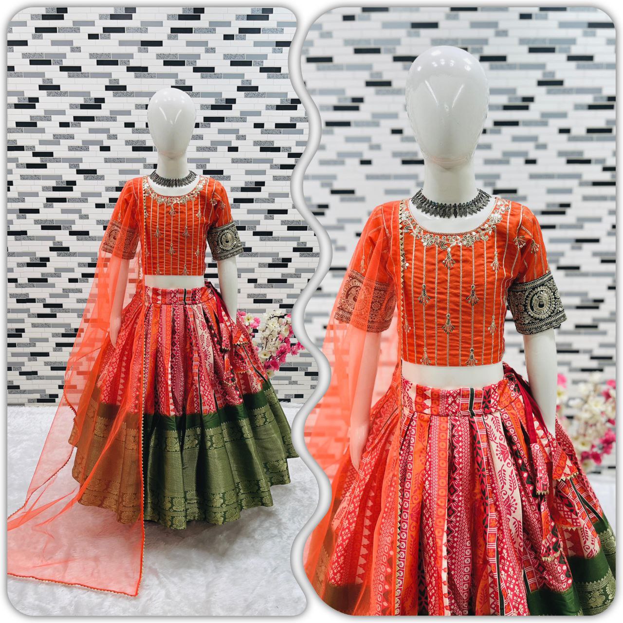 Gorgeous Orange Pure Kota Silk Print with Zari Woven Kids Lehenga Choli Set