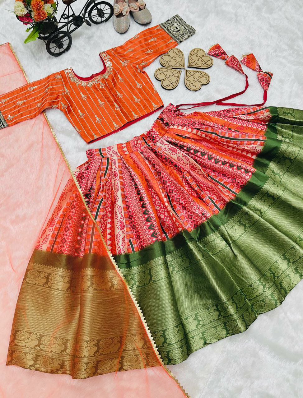 Gorgeous Orange Pure Kota Silk Print with Zari Woven Kids Lehenga Choli Set