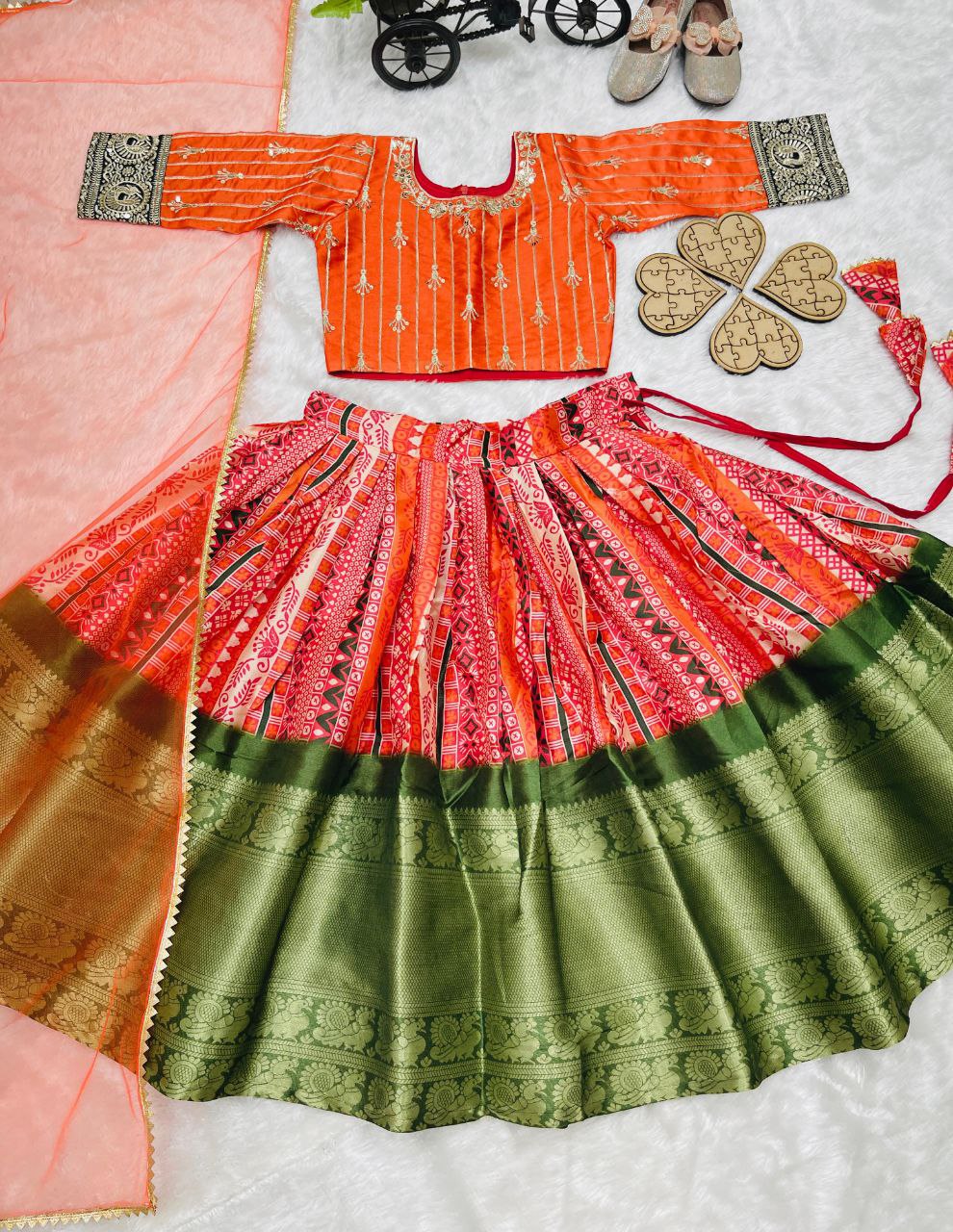 Gorgeous Orange Pure Kota Silk Print with Zari Woven Kids Lehenga Choli Set