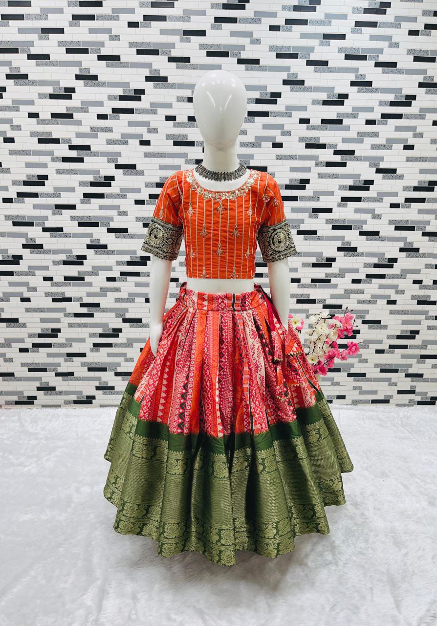 Gorgeous Orange Pure Kota Silk Print with Zari Woven Kids Lehenga Choli Set