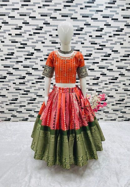 Gorgeous Orange Pure Kota Silk Print with Zari Woven Kids Lehenga Choli Set