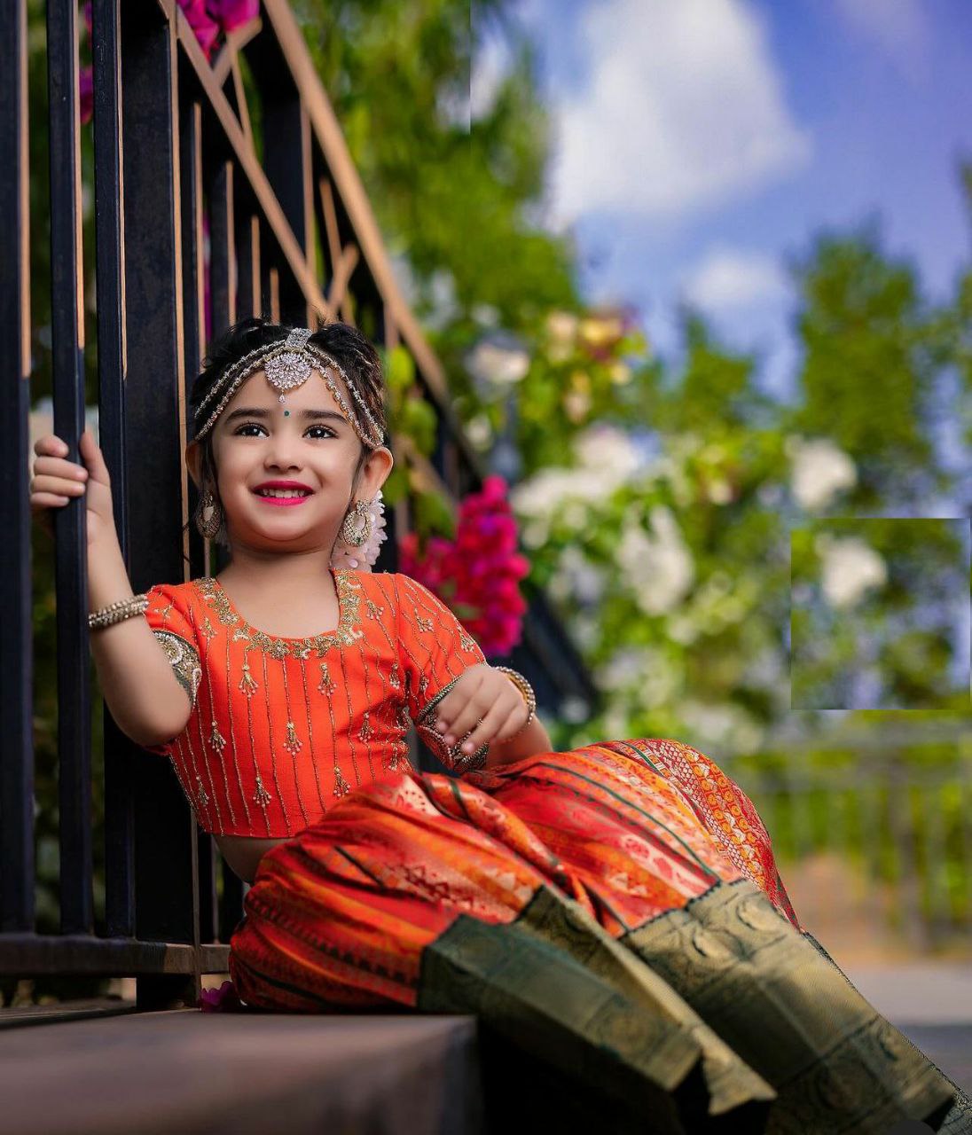 Gorgeous Orange Pure Kota Silk Print with Zari Woven Kids Lehenga Choli Set