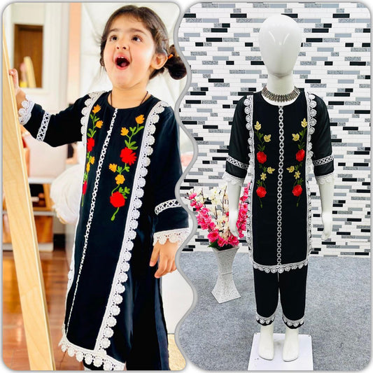 Black Color Kids Top and Pant Pair in Georgette With Beautiful Embroidery